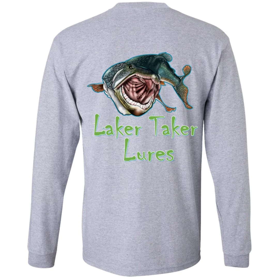 CustomCat Men's Long Sleeve Laker Taker Tee - Red/Black Logo Laker Taker Lures & Swag 5 CustomCat Men's Long Sleeve Laker Taker Tee - Red/Black Logo Laker Taker Lures & Swag