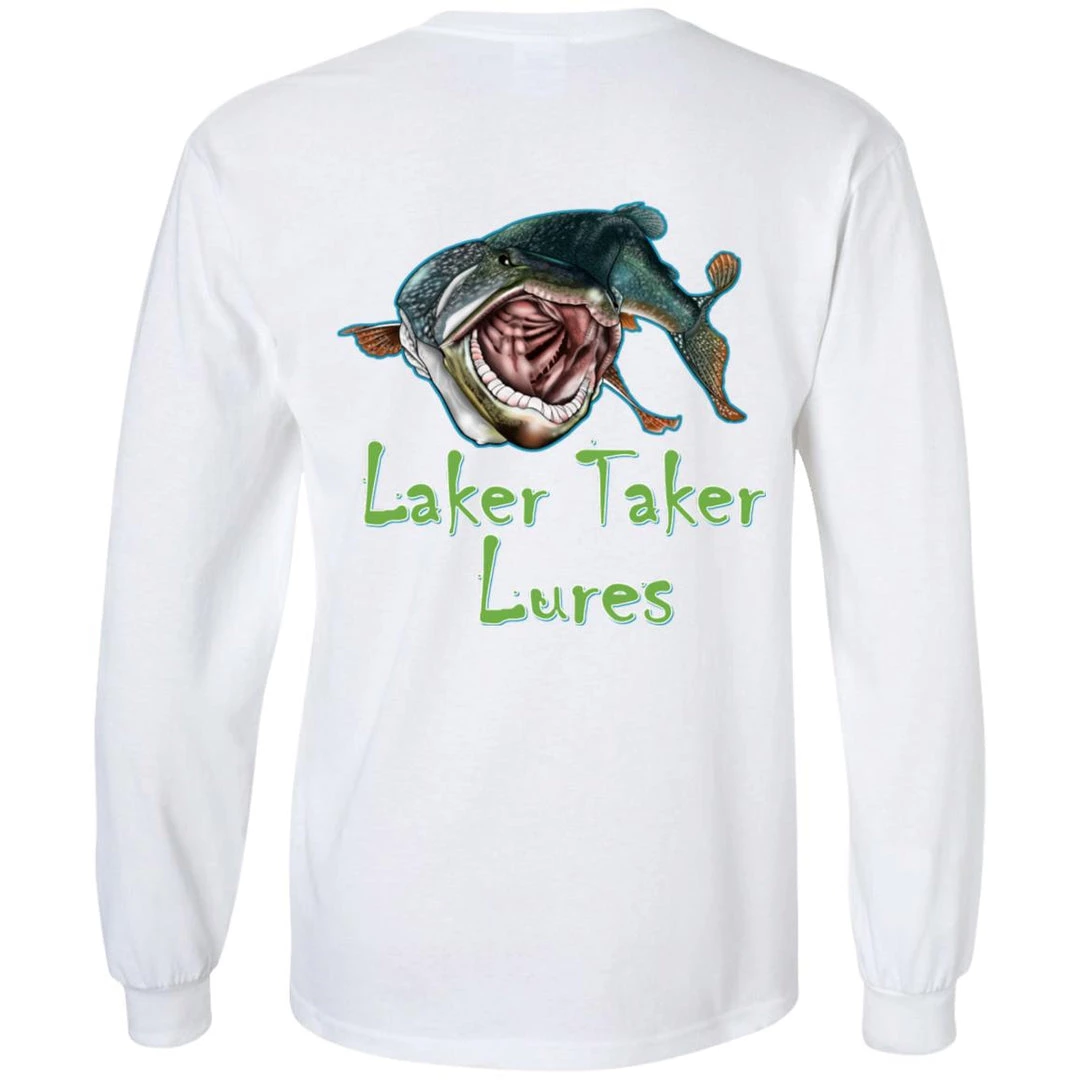 CustomCat Men's Long Sleeve Laker Taker Tee - Red/Black Logo Laker Taker Lures & Swag 8 CustomCat Men's Long Sleeve Laker Taker Tee - Red/Black Logo Laker Taker Lures & Swag