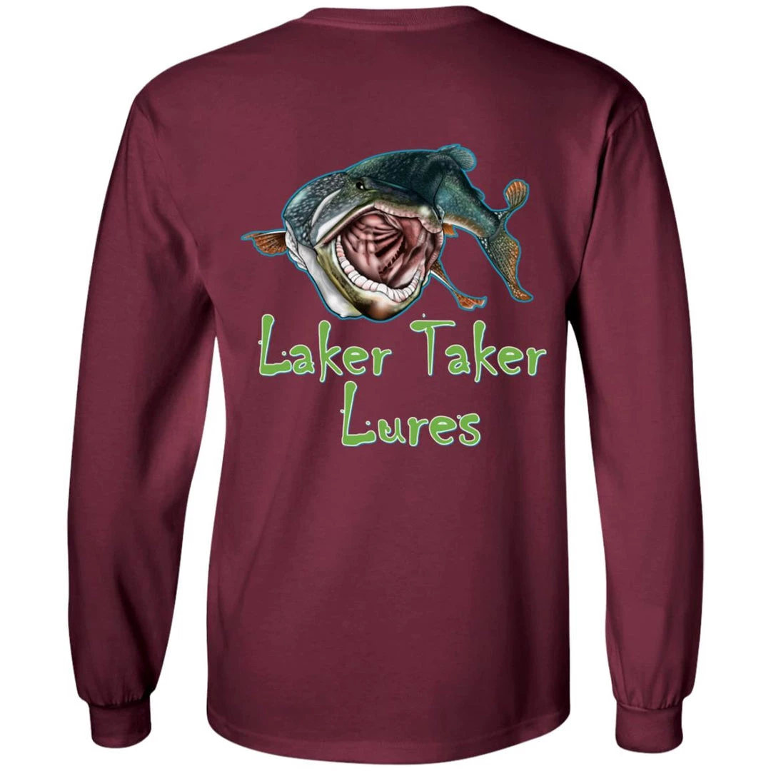 CustomCat Men's Long Sleeve Laker Taker Tee - Red/Black Logo Laker Taker Lures & Swag 16 CustomCat Men's Long Sleeve Laker Taker Tee - Red/Black Logo Laker Taker Lures & Swag