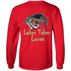 CustomCat Men's Long Sleeve Laker Taker Tee - Red/Black Logo Laker Taker Lures & Swag 37 CustomCat Men's Long Sleeve Laker Taker Tee - Red/Black Logo Laker Taker Lures & Swag