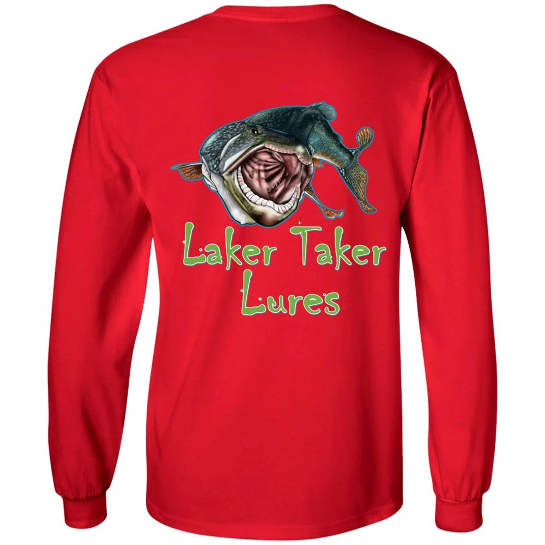 CustomCat Men's Long Sleeve Laker Taker Tee - Red/Black Logo Laker Taker Lures & Swag 18 CustomCat Men's Long Sleeve Laker Taker Tee - Red/Black Logo Laker Taker Lures & Swag