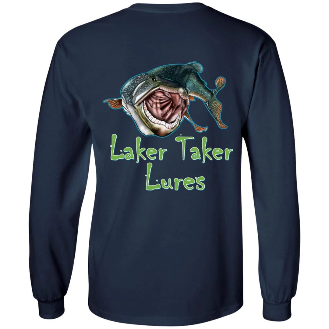 CustomCat Men's Long Sleeve Laker Taker Tee - Red/Black Logo Laker Taker Lures & Swag 22 CustomCat Men's Long Sleeve Laker Taker Tee - Red/Black Logo Laker Taker Lures & Swag